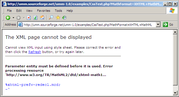 screenshot of IE failing to render XHTML+MathML