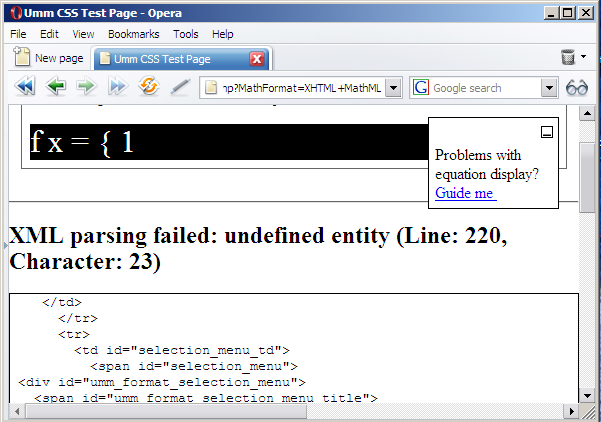 screenshot of Opera failing to render XHTML+MathML